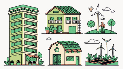 Vibrant Green Vector Art of Vertical Gardens with Retro Tech Aesthetic  