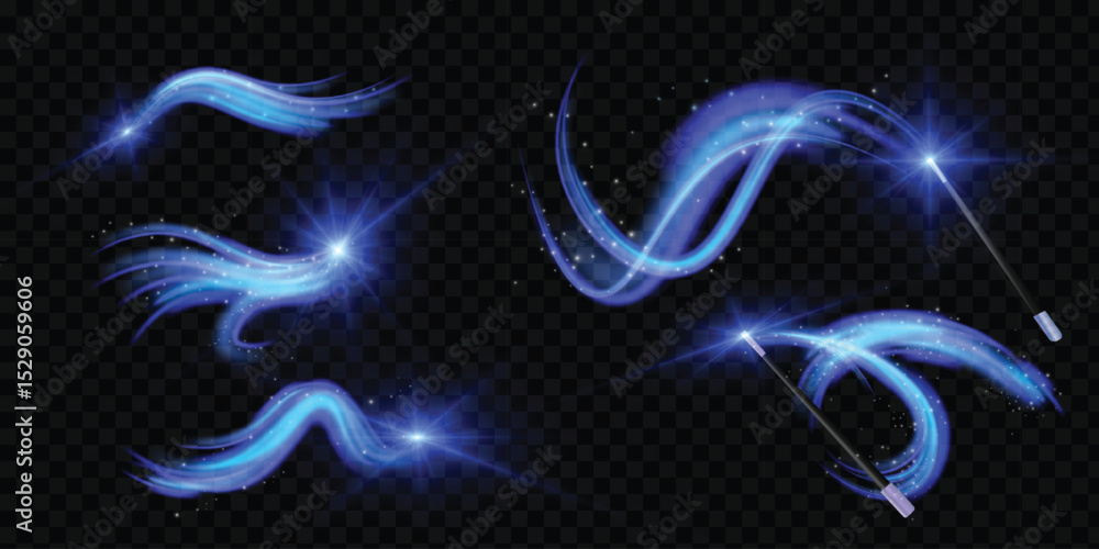Poster Abstract wind swirls with white sparkles isolated. Vector realistic set of magic air vortex, light twirls with particles. Design element of fresh and clean