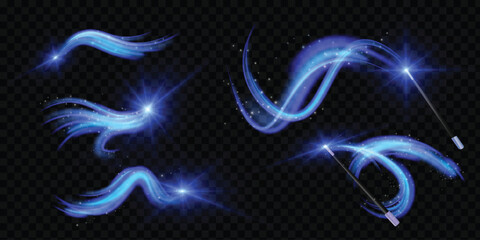 Abstract wind swirls with white sparkles isolated. Vector realistic set of magic air vortex, light twirls with particles. Design element of fresh and clean © Alesya