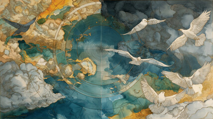 地球を宇宙の中心に描いた古天文学モデルと地動説による惑星運行の手描き解析図、太陽・月・火星等の軌道表示付き科学史教育イラスト、歴史的天体配置ストックフォト素材