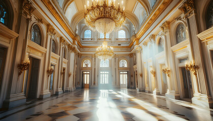 Fototapeta premium Elegant palace hall interior with ornate chandeliers and natural sunlight creating a luminous ambiance