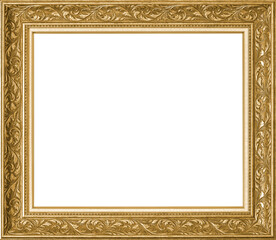 Gold picture frame PNG isolated on transparent background  for photo, art painting museum or gallery wall hanging with vintage old-style classic luxury ornate golden painted wooden decorative border
