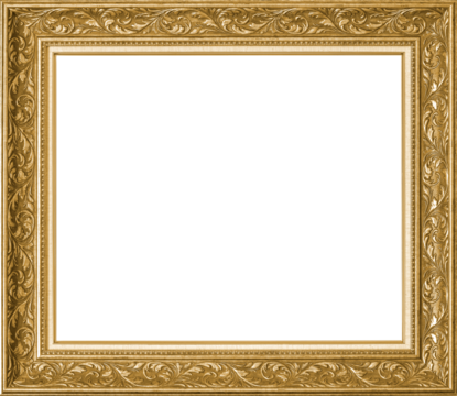 Gold picture frame PNG isolated on transparent background  for photo, art painting museum or gallery wall hanging with vintage old-style classic luxury ornate golden painted wooden decorative border