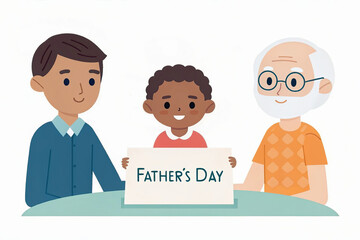Father's Day Card: Multi-Generational Celebration.Father Day celebration with child holding card between father and grandfather, showcasing love and family bonding