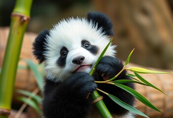 A fluffy panda cub's tiny paws clutch a bright green bamboo shoot,   holding,  conservation