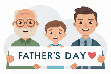 Father's Day Card: Multi-Generational Celebration.Three generations celebrate Father Day with joy and love, showcasing grandfather, father, and child holding heartfelt sign