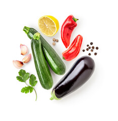 Summer seasonal mediterranean oriental vegetables photography isolated on white background