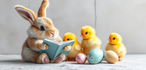 A fluffy bunny rabbit sits reading a book to three adorable yellow chicks; pastel Easter eggs nearby,   Easter card,  Easter bunny