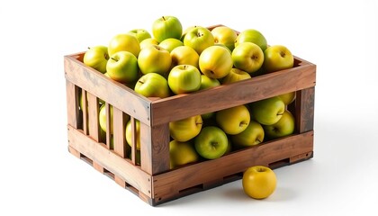 A crate overflowing with crisp, green apples sits on a pristine white background,  green apples,  close-up