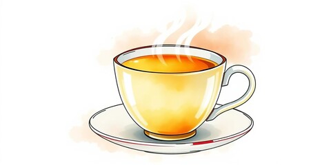 A cozy watercolor painting of a steaming teacup, hand-drawn style, isolated on white, illustration art, afternoon tea