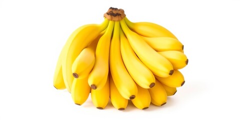 A cluster of ripe yellow bananas, isolated on a pure white background, exhibiting sharp focus from tip to stem,  delicious,  bright