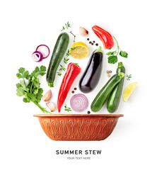 Summer seasonal mediterranean oriental vegetables and roman pot photography isolated on white background