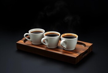 A dark wood tray holds several steaming coffee cups on a black background,  dark,  morning