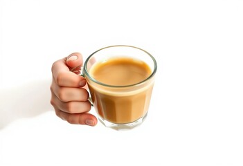 A delicate hand cradles a warm latte in a clear glass cup against a pure white backdrop,  hand,  smooth