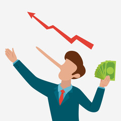 A businessman lying with Pinocchio long nose holding Dollars Money. Cartoon Vector Illustration.    
 