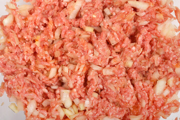 Slose-up shot captures the texture of a well-mixed raw stuffing, featuring ground meat, uncooked rice, and chopped onions, ready for preparing stuffed pepper