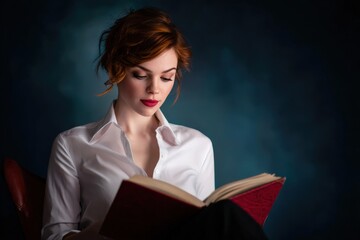 Naklejka premium Elegant redhead woman in a white shirt reads a book. Dark, moody atmosphere. Ideal for websites, magazines, book covers, and literary projects.