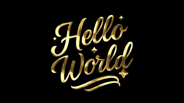 Animated hello world text message. gold lettering animation with decorative swash and star elements for content opening.