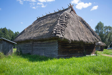 A small, old house with a thatched roof sits in a grassy field