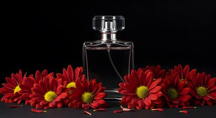 Elegant Perfume Bottle with Red Flowers on Black Background