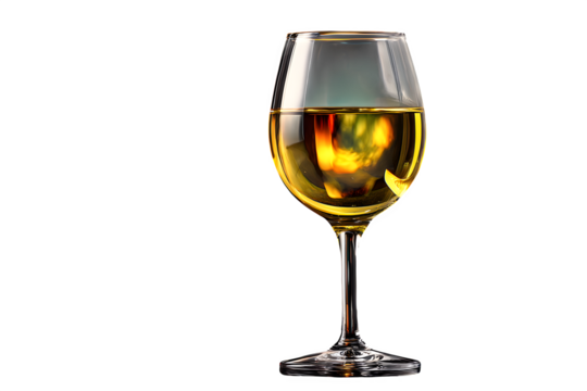 Tall glass of white wine with reflections, isolated on transparent background