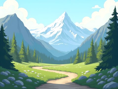illustration of a mountain landscape with a path and trees