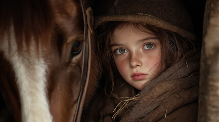 Young caucasian female child with horse in rustic setting