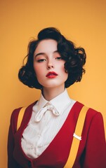 young woman with a vintage-inspired style. She has short, dark, wavy hair styled in a classic bob