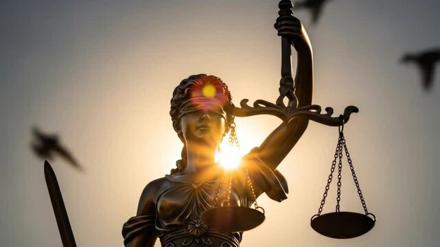 Justice statue with scales and sword silhouette
