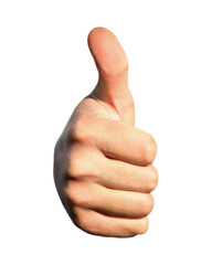 hand making thumb up gesture isolated on white. Close-up of positive sign, like, agreement and good concept