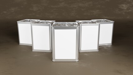 2 3d rendering of Tin Can on a brown background with blank label