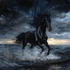 Fototapeta premium A dark horse gallops across a field under a bright blue sky before a thunderstorm.