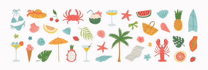 Summer vacation doodle illustration set. Beach and sea travel cute elements. Hand drawn palm tree, fruit, lobster, seafood, shell, bikini, umbrella, cocktail. Coastal collection for card, prints.