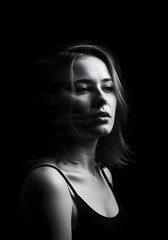 Naklejka premium Contemplative Portrait of a Young Woman with Flowing Hair Against a Dark Backdrop Highlighting Serene Expression