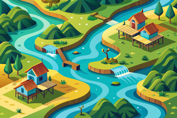 Aerial isometric view of an urban landscape with village houses, trees, and fields