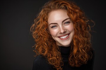 Fototapeta premium Close-up portrait of a smiling redhead woman with curly hair. Perfect for beauty, fashion, and advertising. Ideal for websites, magazines, and social media.