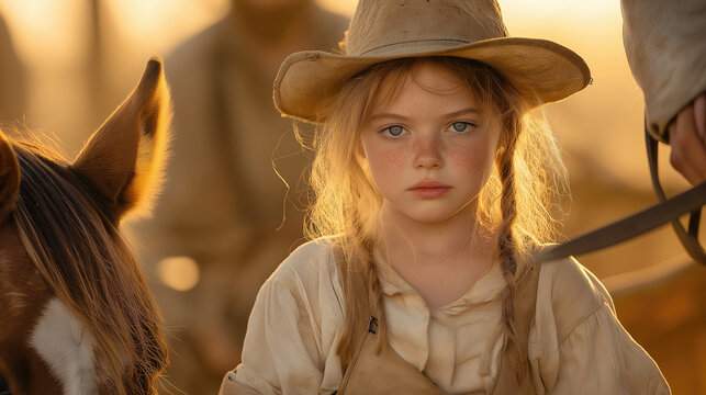 Young caucasian female child in cowboy attire with horse at sunset