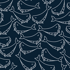 Seamless dark pattern with whales. Print for textile, wallpaper, covers, surface. Retro stylization. For fashion fabric. Sea life pattern
