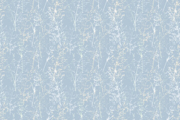 Seamless vector pattern of delicate floral stems in pastel tones on a soft blue background. The elegant, sketch like botanical design creates a calm and airy feel for textiles, wallpapers, decor