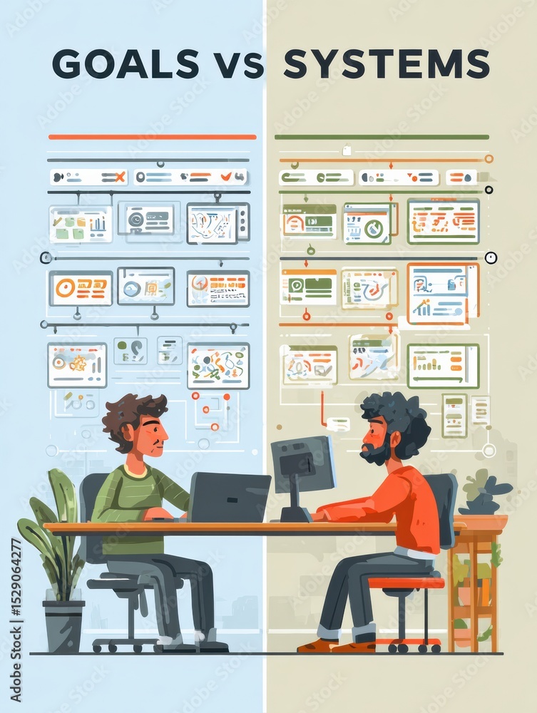 Poster Comparison of Goals and Systems in a Flat Workflow Design Illustrating Effective Productivity Strategies in Real-Time Office Settings