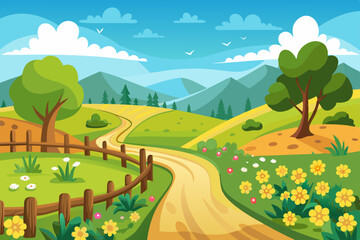Naklejka premium Rural summer landscape with green trees, rolling hills, and a winding road under a blue sky