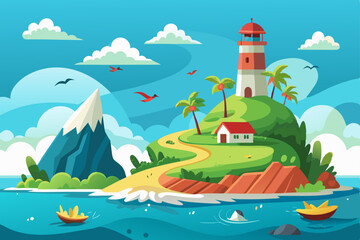 Coastal lighthouse beaming light across the ocean at sunset with a serene beach landscape