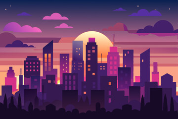 Night city skyline illustration with urban buildings and a moonlit sky