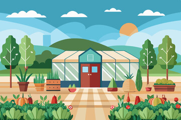 A charming rural landscape featuring a house with a garden, trees, and a bright summer sky