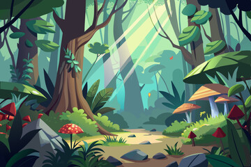 Seamless vintage illustration of a green tropical forest pattern with leaves, flowers, and trees