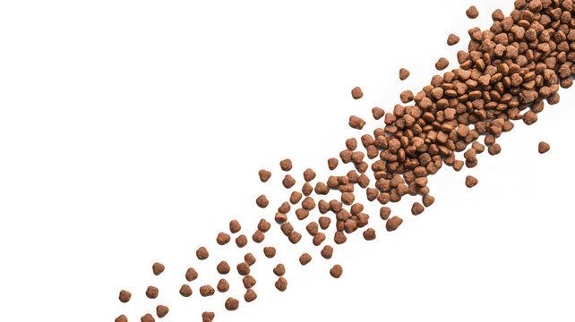 Dry pet food kibble scattered transparency background, isolated