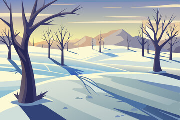 Golden sun sets on a serene beach and vast desert, while a cold winter landscape presents frosted trees and a snow-covered field under a blue morning sky