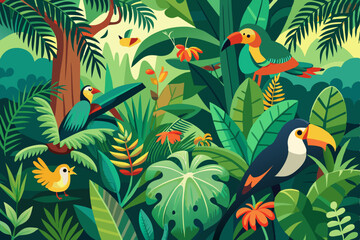 Colorful tropical birds, including parrots and macaws, perch on a leafy green jungle tree branch, a vibrant wildlife illustration