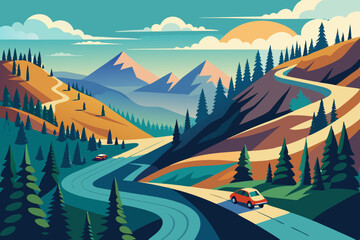 Winding road through a majestic mountain landscape under a vast sky, with an expansive view of nature's serene beauty at sunrise or sunset