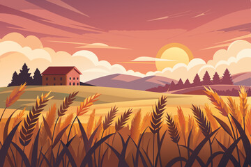 Golden wheat field landscape at sunset